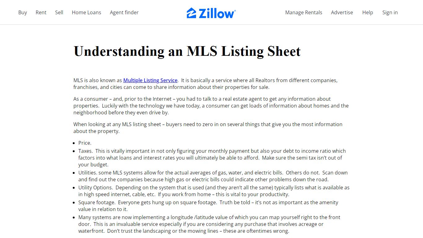 Understanding an MLS Listing Sheet | Zillow